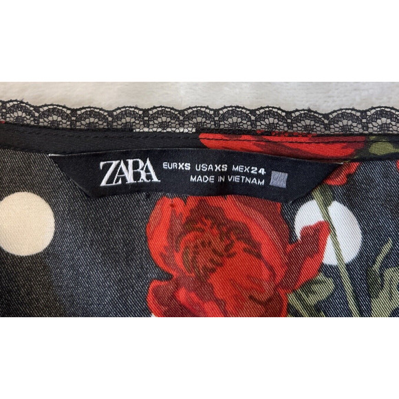 Zara Women Rose Print Long Sleeve Blouse XS Black Polka Dot Lace Trim Side Zip - Picture 8 of 8